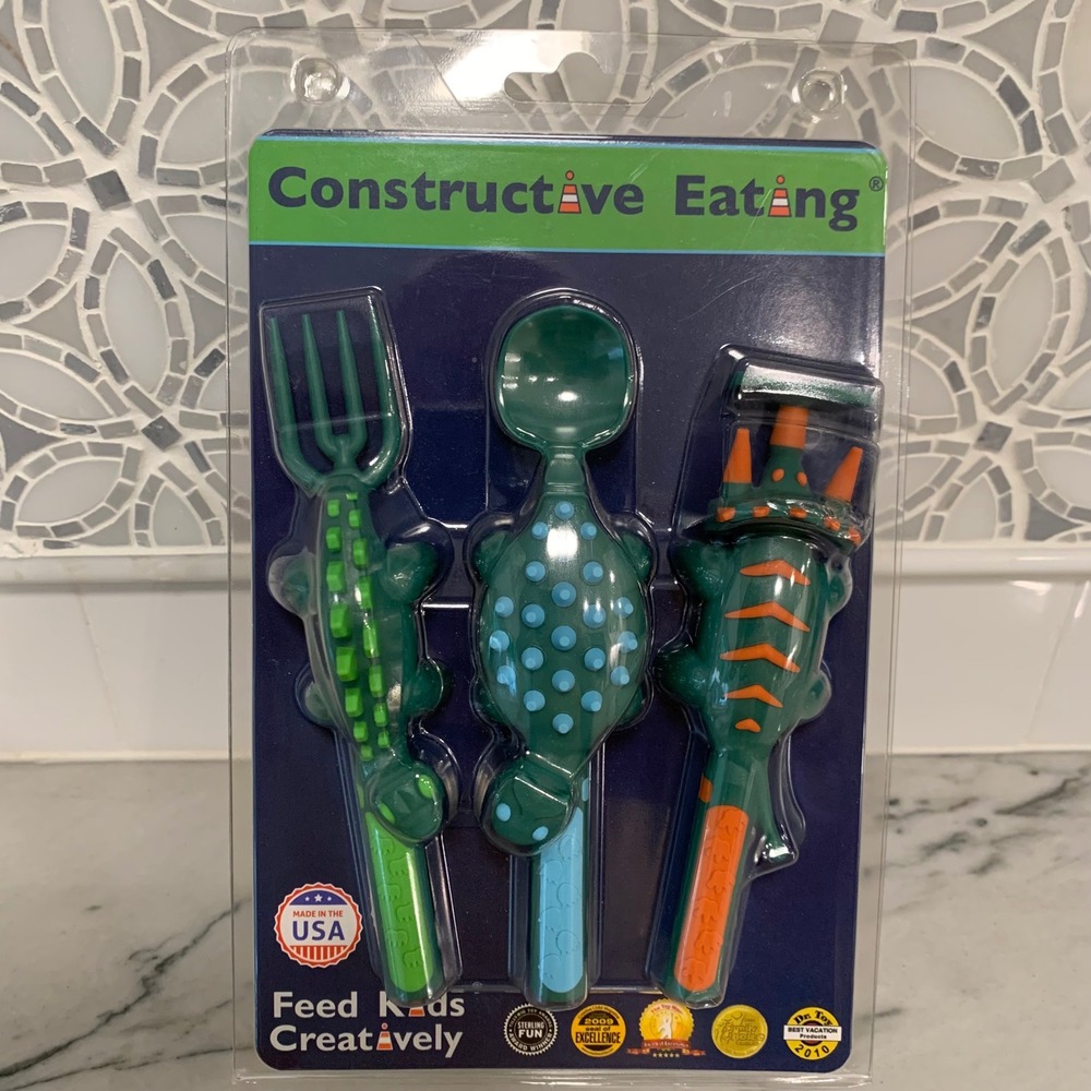 Constructive Eating Dinosaur Kids Utensil Set – Fork, Spoon & Pusher NEW Sealed